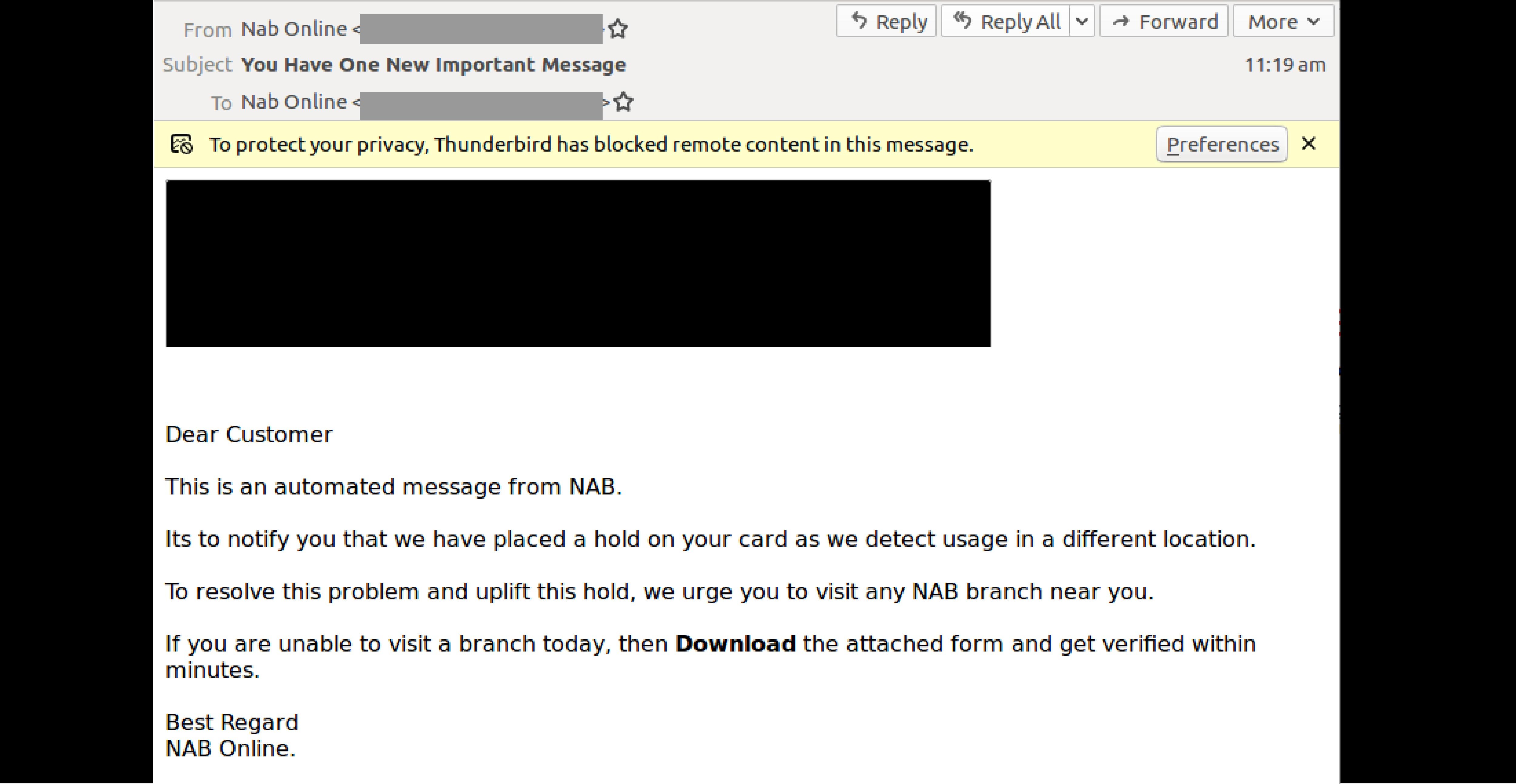 Email scam spoofing NAB strikes again; delivers malicious payload